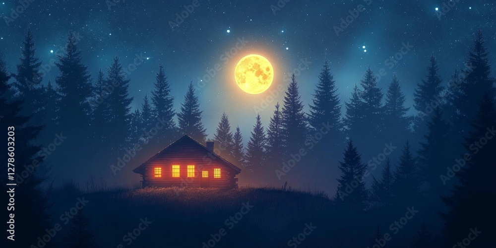 Forest cabin in the dark forest at night. Generative AI Forest cabin in the dark forest at night. Generative AI