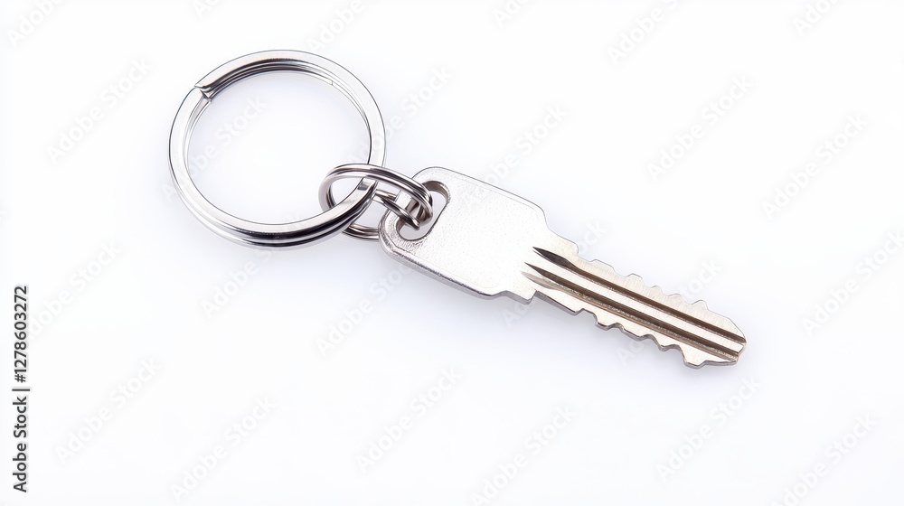 Metal Keyring with Single Key Attached on a White Background for Stock Photography