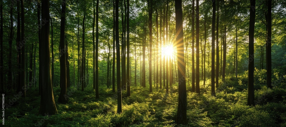 Obraz premium Sunlight streams through forest trees (1)