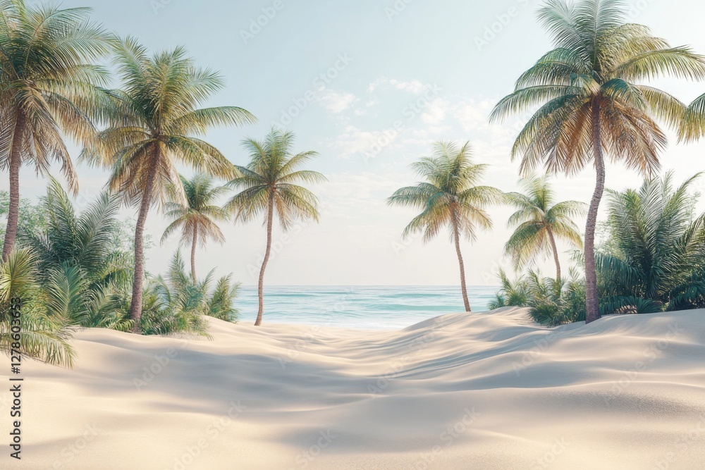 Obraz premium Idyllic Tropical Beach Scene Palm Trees White Sand Ocean View
