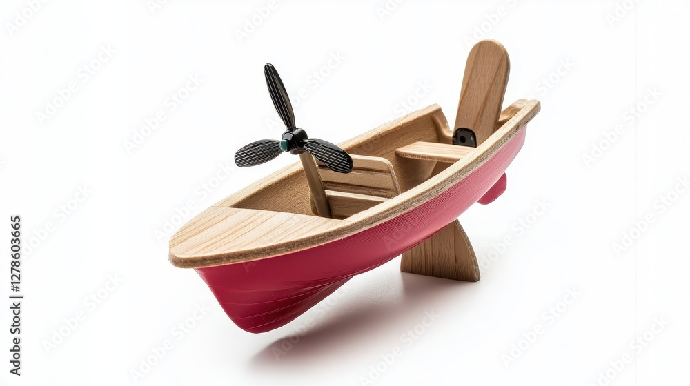 Small Red Toy Boat with Propeller Isolated on White Background for Playful and Creative Imagery Small Red Toy Boat with Propeller Isolated on White Background for Playful and Creative Imagery