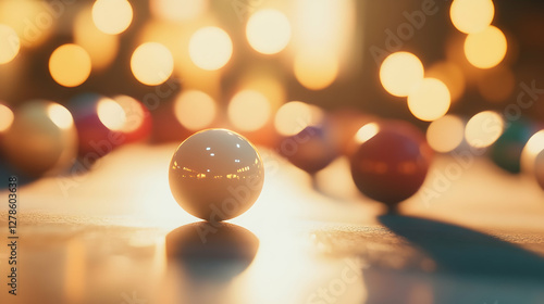 Colorful billiard balls on pool table with soft focus lighting