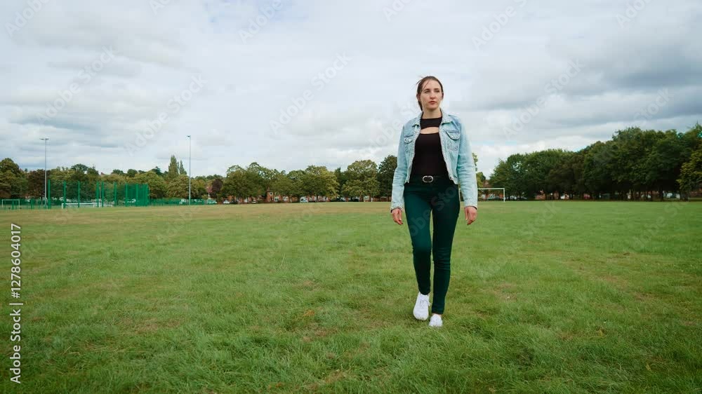 Adult woman walking on grassy field in park in Britain. Young female strolling across recreation ground in UK. Adult girl moving through open park area in England. Woman calmly walking on lawn in Adult woman walking on grassy field in park in Britain. Young female strolling across recreation ground in UK. Adult girl moving through open park area in England. Woman calmly walking on lawn in