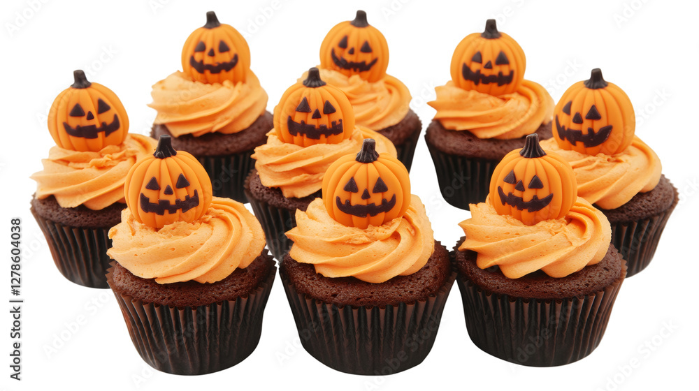 Chocolate Halloween cupcakes decorated with orange frosting and small pumpkin toppers, isolated on transparent background Chocolate Halloween cupcakes decorated with orange frosting and small pumpkin toppers, isolated on transparent background