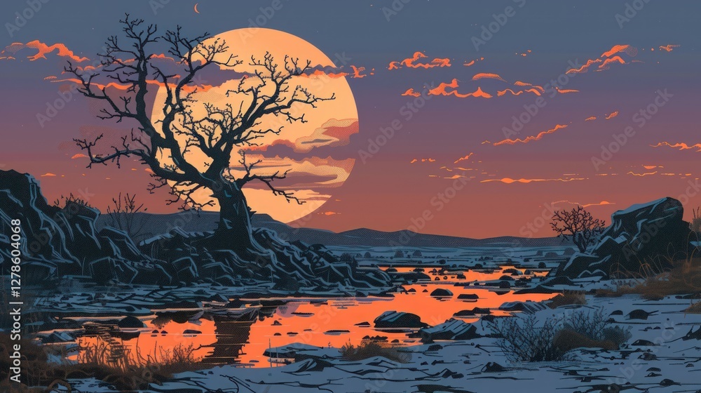 Serene Sunset Landscape: A Barren Tree by a Frozen River under a Giant Moon Serene Sunset Landscape: A Barren Tree by a Frozen River under a Giant Moon