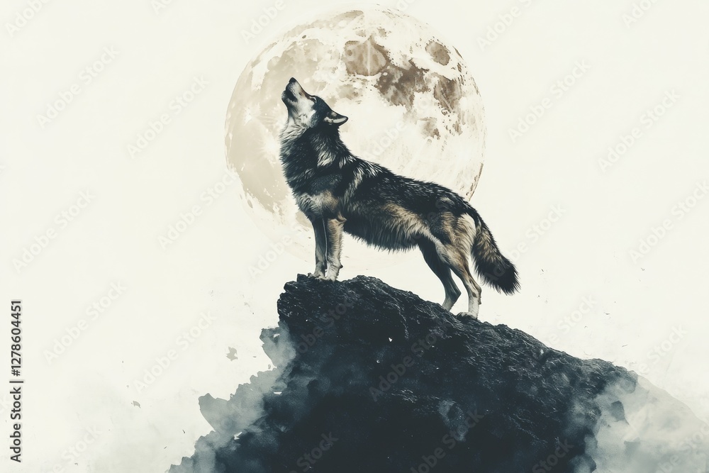 Naklejka premium Majestic Lone Wolf Howling at Full Moon on Mountain Peak Dramatic Night Scene
