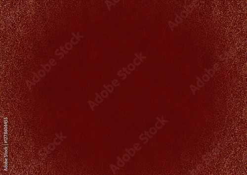 Hand-drawn unique abstract ornament. Light red on a deep red background, with vignette of same pattern and splatters in golden glitter. Paper texture. Digital artwork, A4. (pattern: p13-2c)