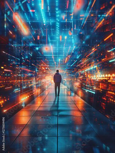 Wallpaper Mural A conceptual image of a person standing at the edge of reality, gazing into an infinite expanse of light and patterns, representing expanded consciousness. Torontodigital.ca