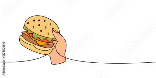 Hand holding a hamburger one line colored continuous drawing. Traditional American fast food.