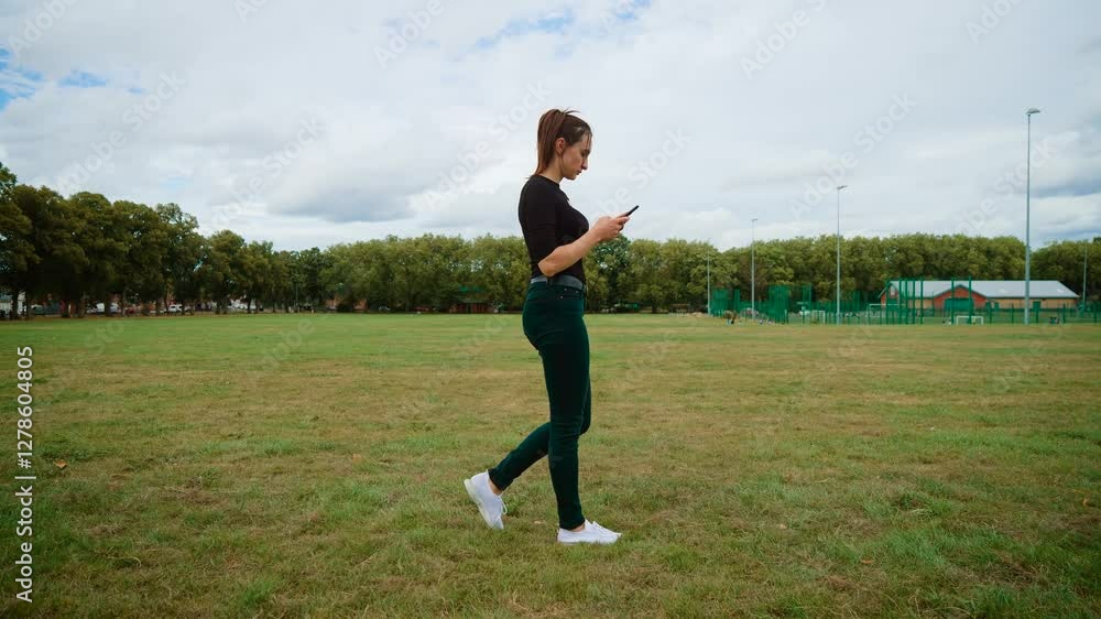 Woman walking while using smartphone in city park in UK. Young female strolling and typing on phone in urban green space in Britain. Adult girl moving and checking messages in recreational area in Woman walking while using smartphone in city park in UK. Young female strolling and typing on phone in urban green space in Britain. Adult girl moving and checking messages in recreational area in