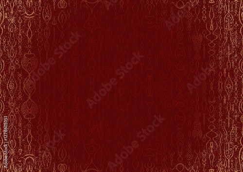 Hand-drawn unique abstract ornament. Light red on a deep red background, with vignette of same pattern and splatters in golden glitter. Paper texture. Digital artwork, A4. (pattern: p14a)