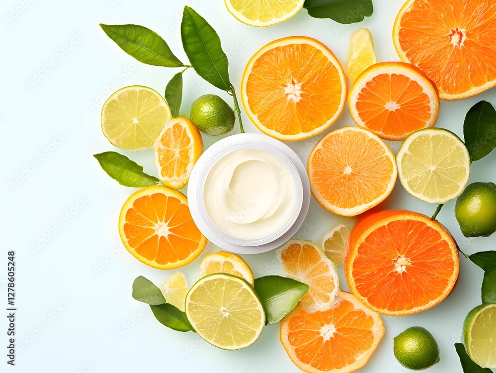 A premium hand cream infused with Yuzu fruit extract, surrounded by fresh citrus slices, creating a bright, refreshing, and energizing skincare advertisement.