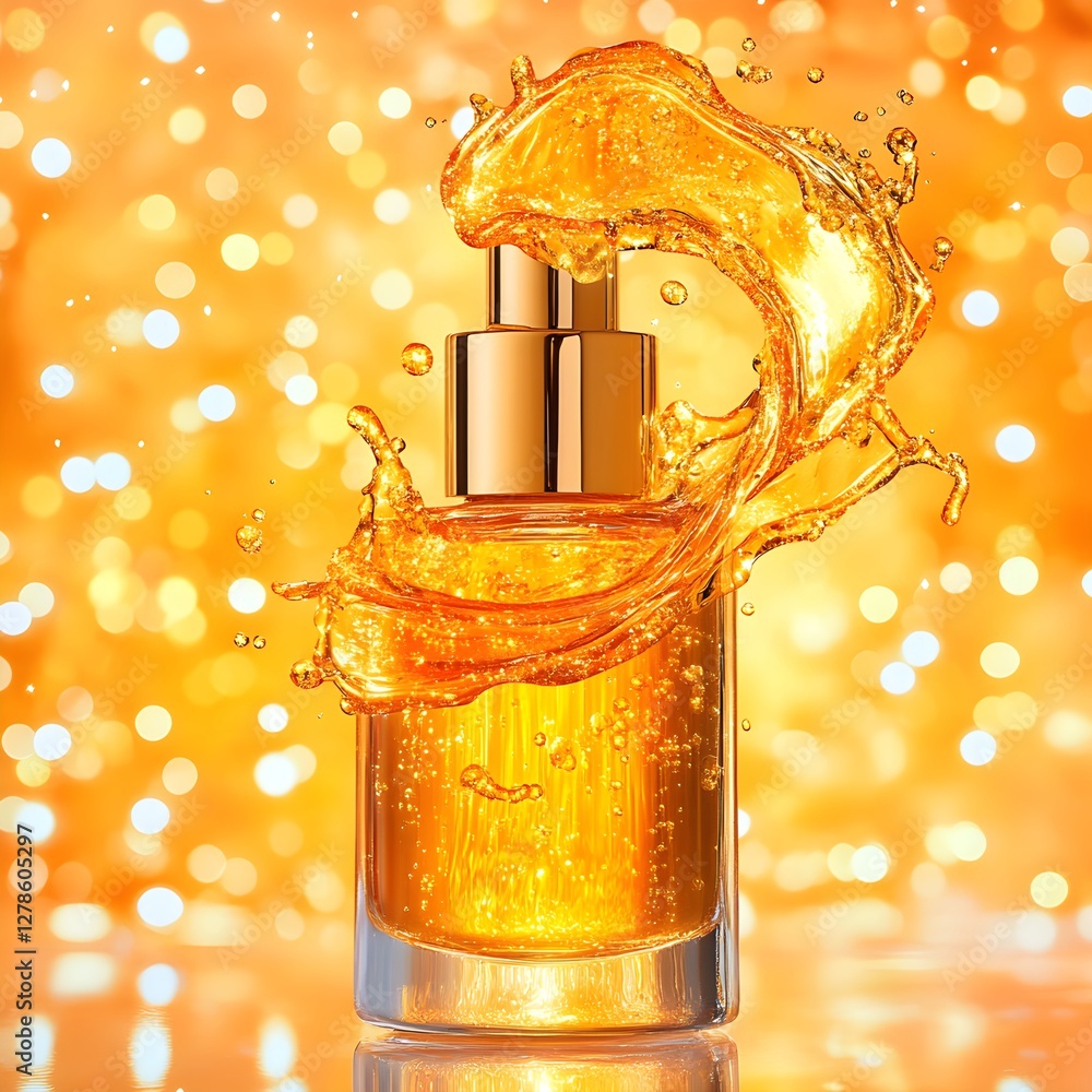 A luxurious facial serum infused with Baobab oil extract, featuring golden liquid against a glowing soft-focus background, embodying high-end skincare branding.