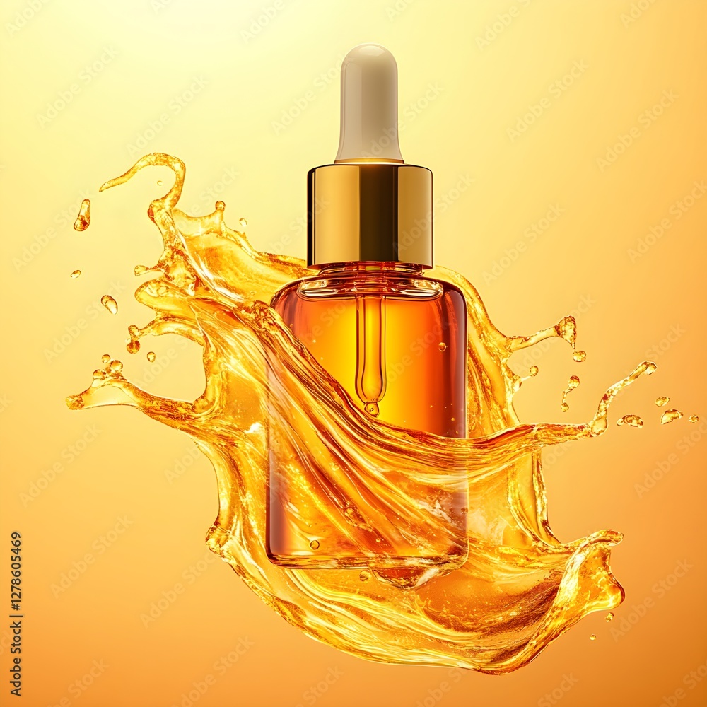 A luxurious facial serum infused with Baobab oil extract, featuring golden liquid against a glowing soft-focus background, embodying high-end skincare branding.