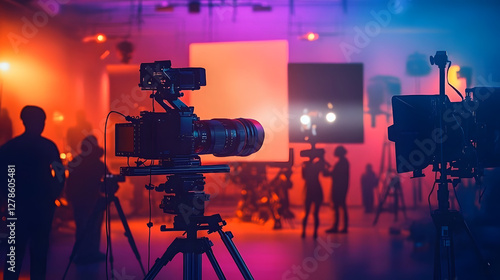 commercial video film movie making lighting set professional studio production big working people silhouette scenes behind television camera motion picture equipment crew photo light