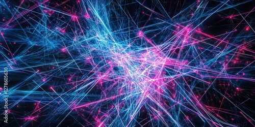 An intricately woven tapestry of blue and pink lines forms a mesmerizing, symmetrical network. This detailed arrangement exudes depth and dimension, captivating the eye with its complexity and eleganc