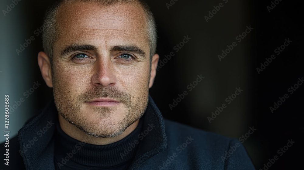 Fototapeta premium A man with short, light-colored hair and a well-groomed beard gazes calmly at the viewer. He wears a dark turtleneck and appears relaxed, sitting indoors, illuminated by soft lighting