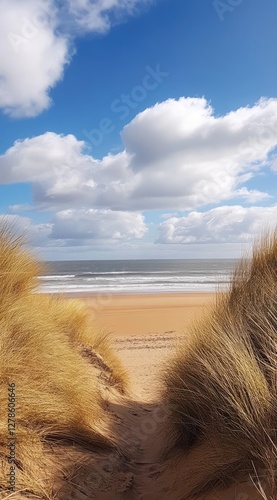 Coastal Sand Dune Path to Ocean, Sunny Day photo