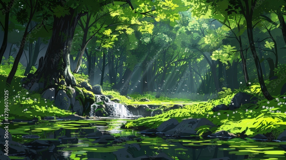 Sunlit Forest Waterfall Scene: A Digital Painting of Tranquil Nature Sunlit Forest Waterfall Scene: A Digital Painting of Tranquil Nature