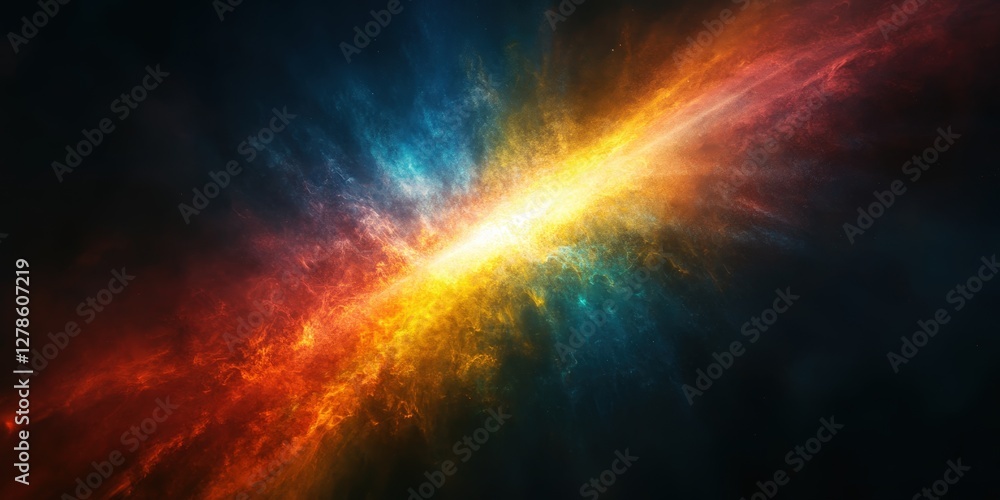 Obraz premium A mesmerizing galaxy swirls in vibrant hues—electric blues, radiant greens, sunny yellows, fiery oranges, and deep reds—all glowing with celestial energy