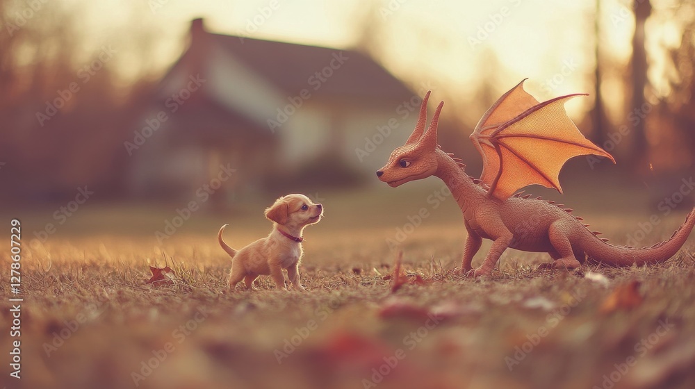 Obraz premium A tiny puppy and a miniature dragon meet in a field, bathed in the golden light of sunset. An unlikely friendship blossoms.