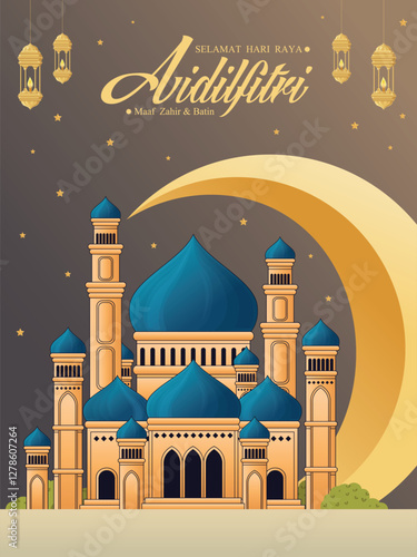 Hari Raya Aidilfitri background design with Mosque. Malay means Fasting day celebration, I seek forgiveness, physically and spiritually.