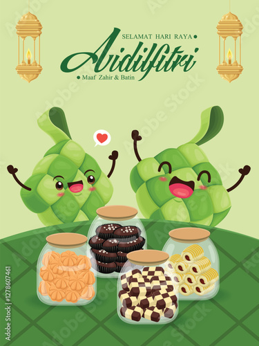 Hari Raya Aidilfitri background design with ketupat, kuih raya. Malay means Fasting day celebration, I seek forgiveness, physically and spiritually.