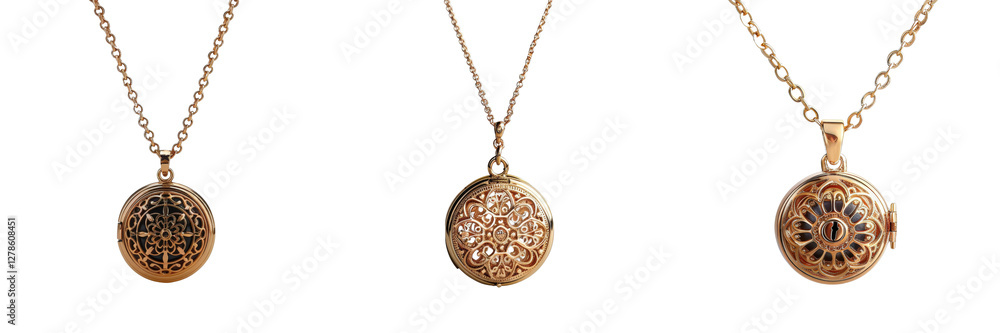 Elegant Golden Lockets with Intricate Designs Hanging on a Delicate Chain, Showcasing Vintage Jewelry Aesthetic Elegant Golden Lockets with Intricate Designs Hanging on a Delicate Chain, Showcasing Vintage Jewelry Aesthetic