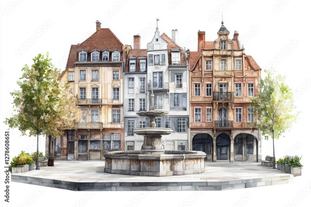 Fototapeta premium European City Square Watercolor Painting Fountain Old Buildings Trees