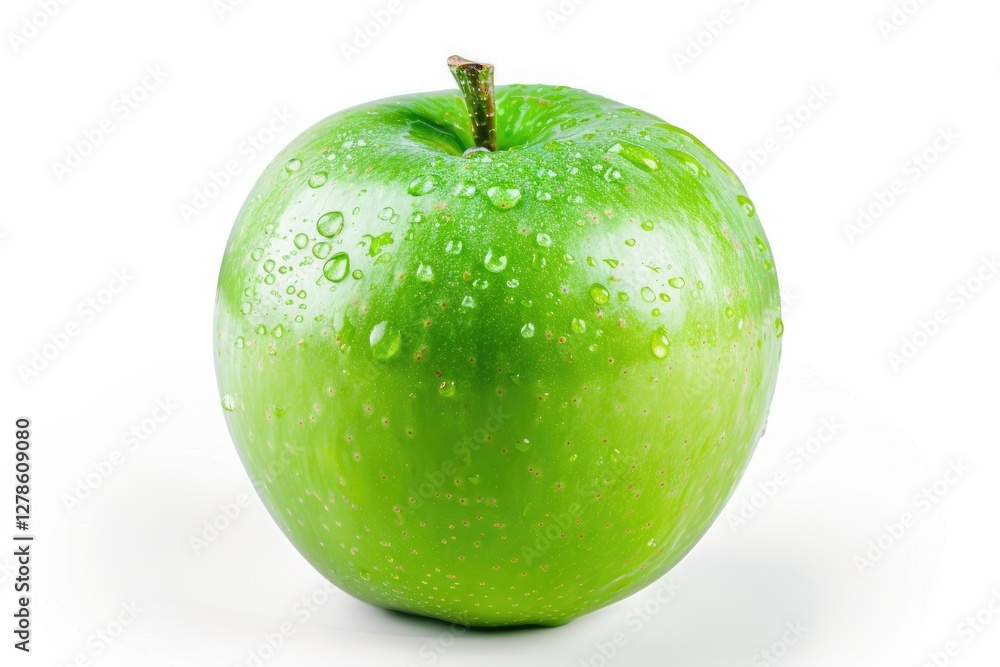 A single green apple covered in water droplets A single green apple covered in water droplets