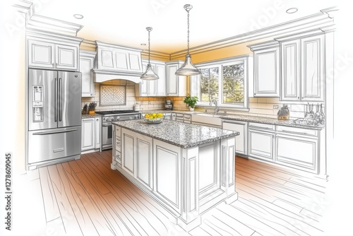Modern Kitchen Design Remodeling Concept with Island Granite Countertops and Stainless Steel