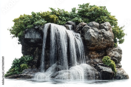 Serene Waterfall Cascading over Rocks with Lush Tropical Foliage