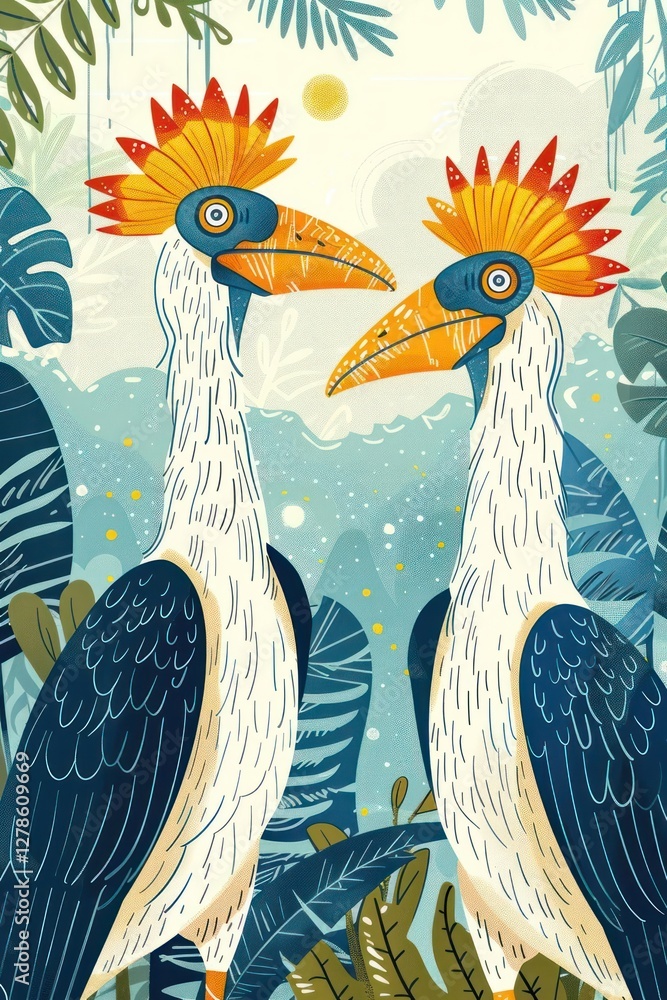 Naklejka premium Two colorful birds with vibrant crowns set against a lush, tropical background.