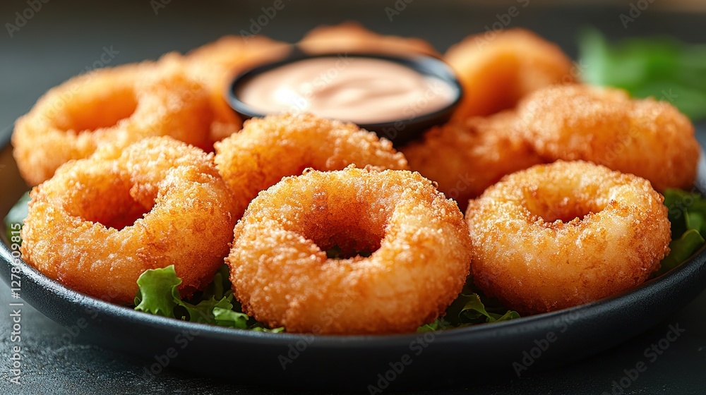 Crispy fried onion rings, appetizer, plate, sauce, dark background Crispy fried onion rings, appetizer, plate, sauce, dark background