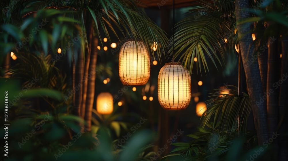 Obraz premium Illuminated Tropical Garden at Night with Bamboo Lanterns