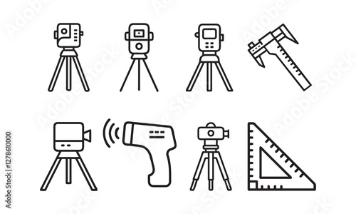 Collection of Surveying, Measurement, and Temperature Tools, laser level, gps, theodolite, icons, vector illustration