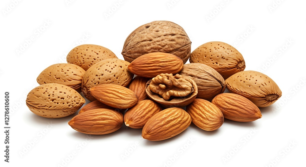 Pile of Mixed Nuts Walnuts and Almonds on White Background Pile of Mixed Nuts Walnuts and Almonds on White Background