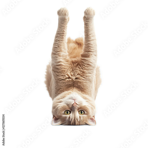 A playful orange cat hanging upside down, showcasing its fluffy fur and curious expression