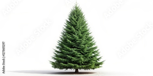 Tall Norway spruce tree with dark green needles and a conical shape stands isolated against a white background