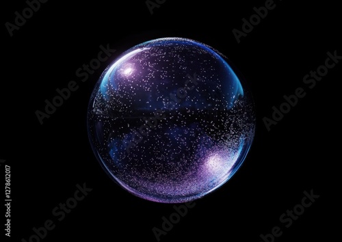 Glowing purple sphere with particles, isolated on black.