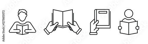 Book icon set. Containing library, read, author, journal, reading, bookshelf, magazine, e-book and more. Vector solid icons collection.