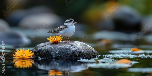 A serene small bird peacefully perches on a rock surrounded by vibrant yellow flowers in a calm water setting, showcasing nature's beauty and tranquility