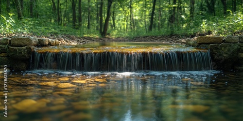 Serene Forest Stream Cascading Over Stones with Sunlight Filtering Through Leaves Creating a Tranquil and Picturesque Natural Setting