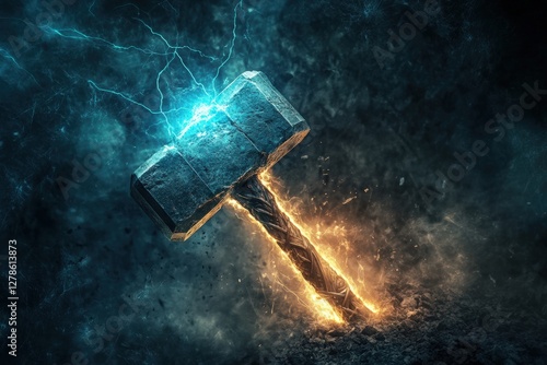 Fantasy thunder hammer with blue and orange lightning effects