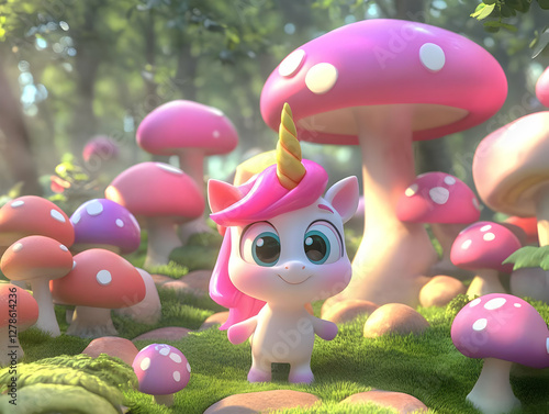 Cute Unicorn in Mushroom Fo...