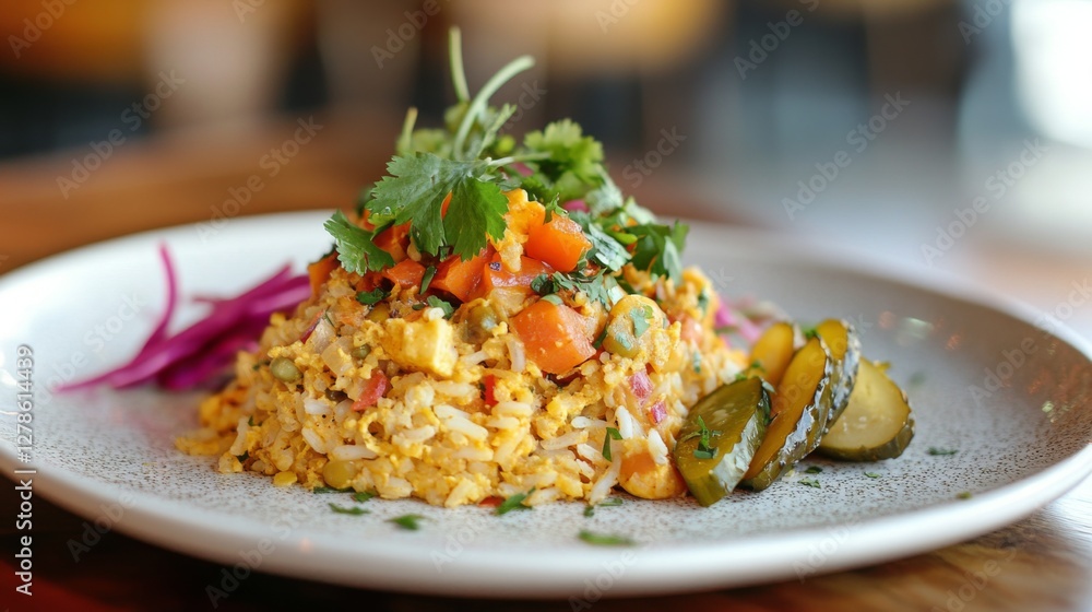 An artistic view of curry fried rice plated elegantly on a white dish, with a sprinkle of fresh cilantro and a side of pickled vegetables for added visual appeal. An artistic view of curry fried rice plated elegantly on a white dish, with a sprinkle of fresh cilantro and a side of pickled vegetables for added visual appeal.