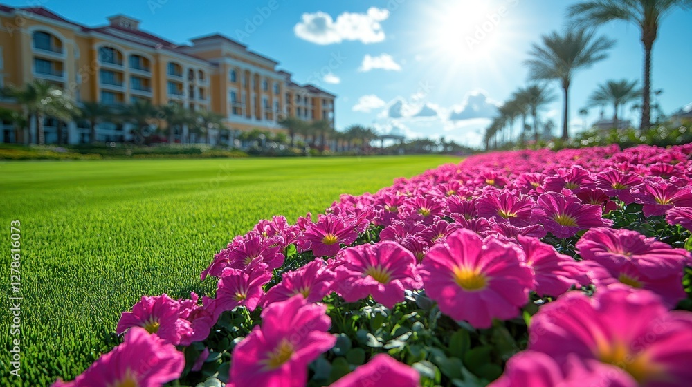 Vibrant Pink Flowers Blooming Before a Luxurious Resort Vibrant Pink Flowers Blooming Before a Luxurious Resort