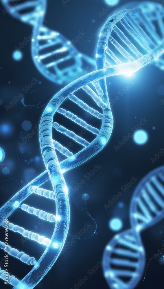 abstract representations of DNA strands, glowing chromosomes, and a digital-style fluorescence microscope effect