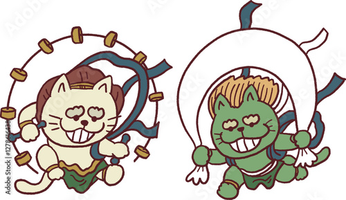 かわいい猫の風神雷神