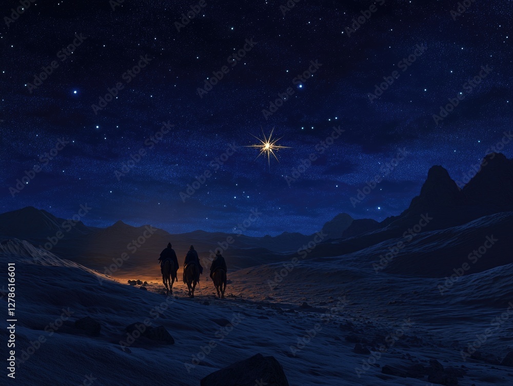 Fototapeta premium Three riders on horseback in snowy night